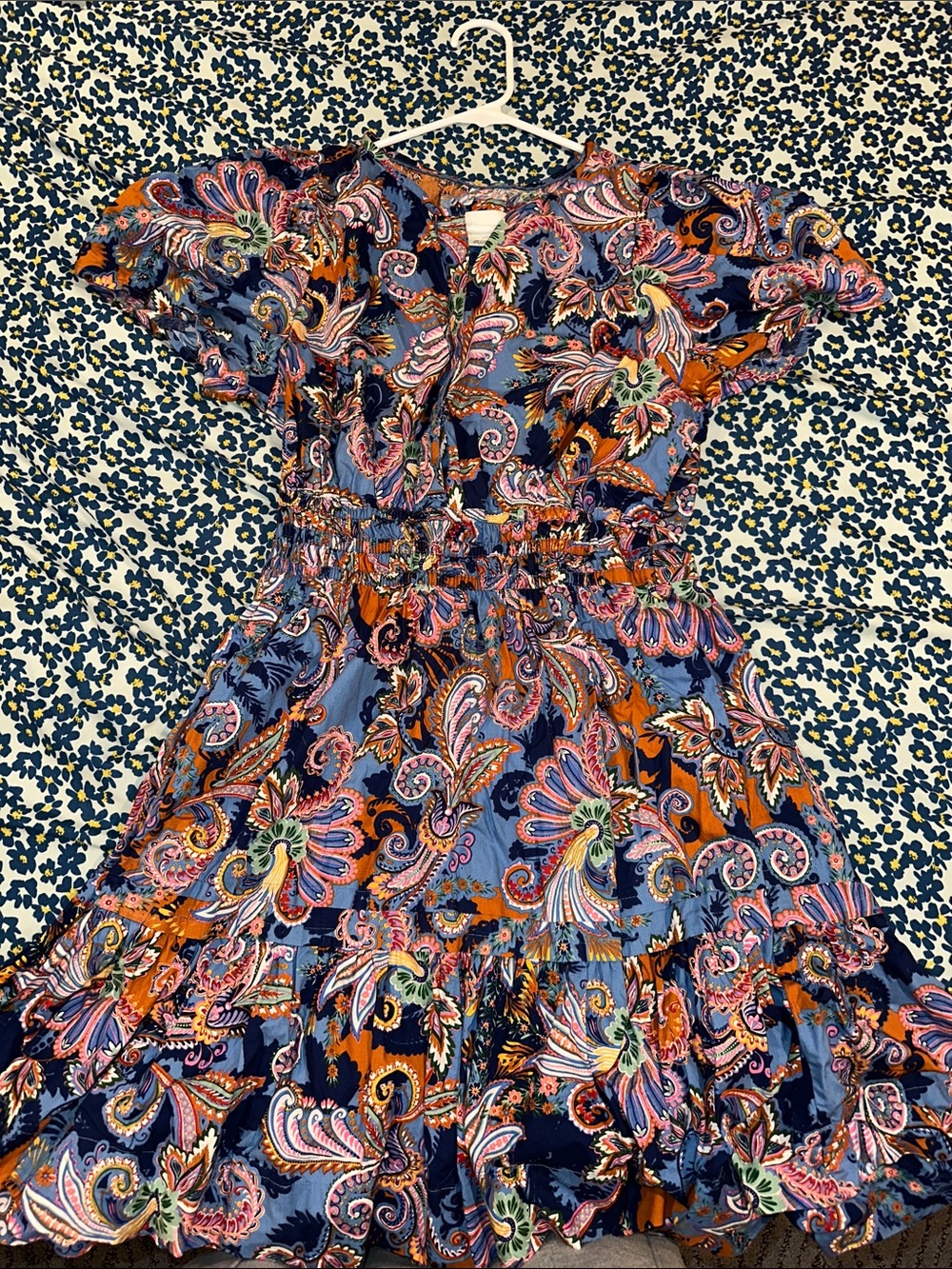 Anthropologie Blue Paisley Midi Dress with Pink and Orange Accents